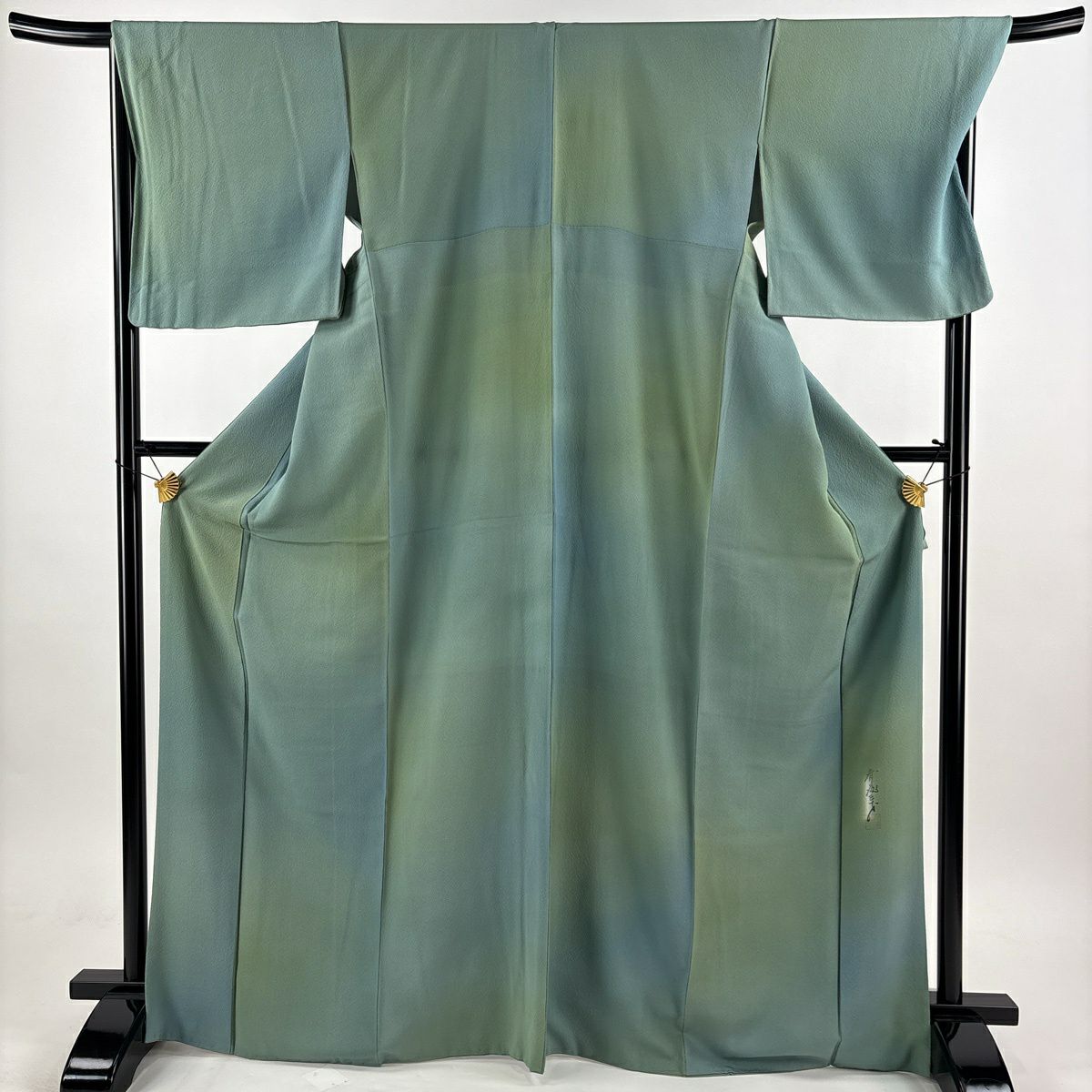 【美品】 小紋 身長169.5cm 袖長69.5cm L 雙層 斉藤三才 落款あり 漸變圖案 淺綠 純蠶絲 優品級
