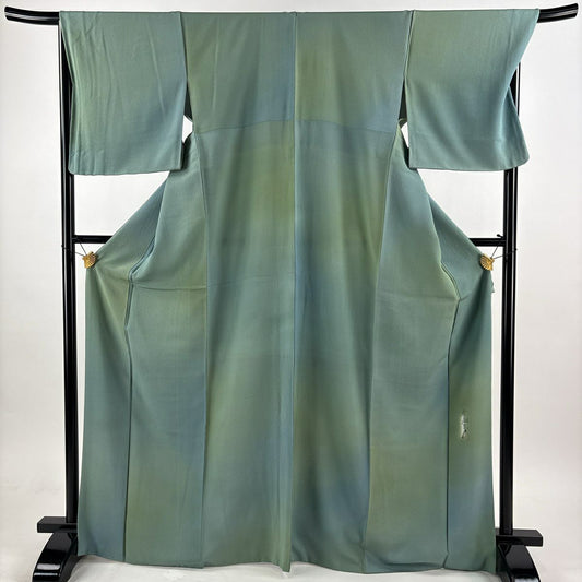 【美品】 小紋 身長169.5cm 袖長69.5cm L 雙層 斉藤三才 落款あり 漸變圖案 淺綠 純蠶絲 優品級
