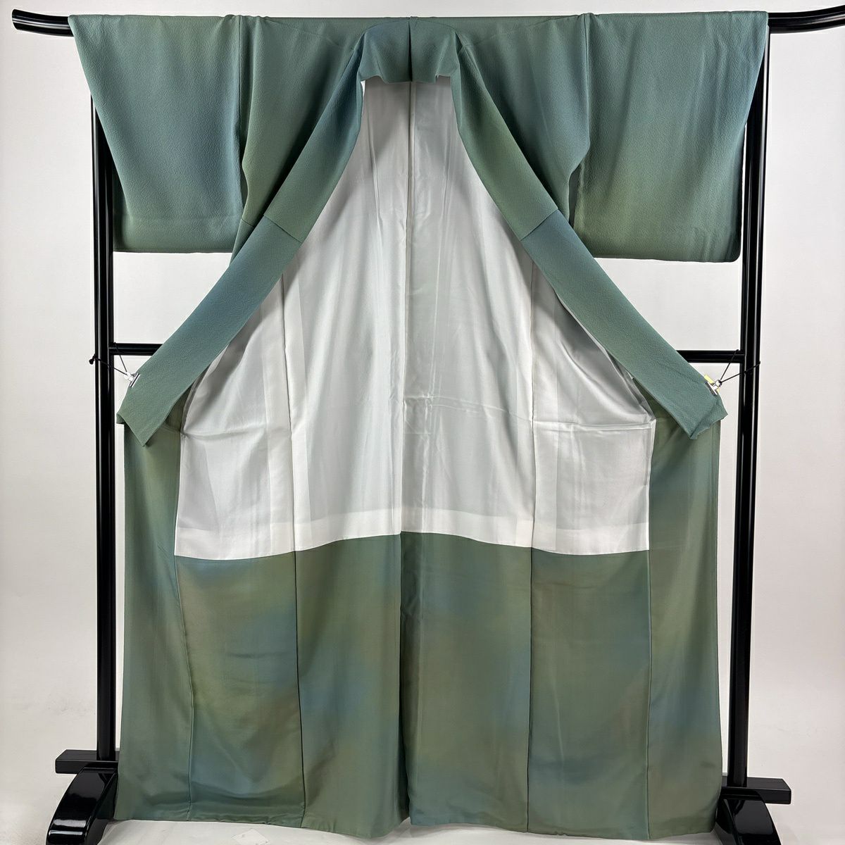 【美品】 小紋 身長169.5cm 袖長69.5cm L 雙層 斉藤三才 落款あり 漸變圖案 淺綠 純蠶絲 優品級