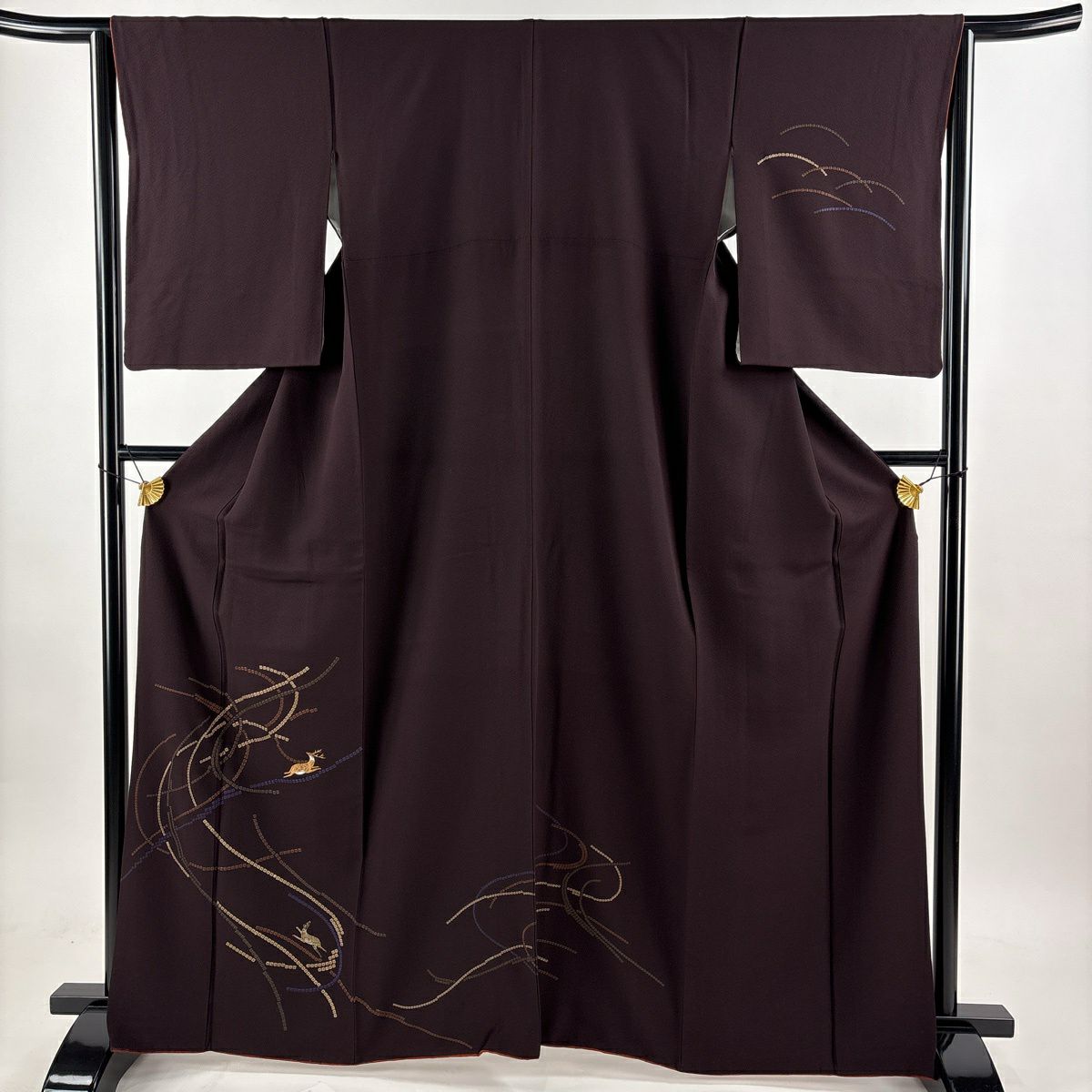 付下 身長164.5cm 袖長64.5cm M 雙層 鹿 金金箔 金絲 刺繡 茶紫 純蠶絲 優品級