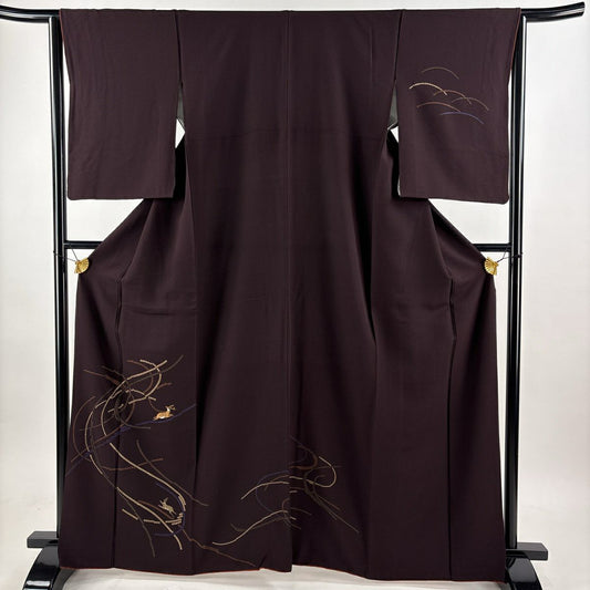 付下 身長164.5cm 袖長64.5cm M 雙層 鹿 金金箔 金絲 刺繡 茶紫 純蠶絲 優品級