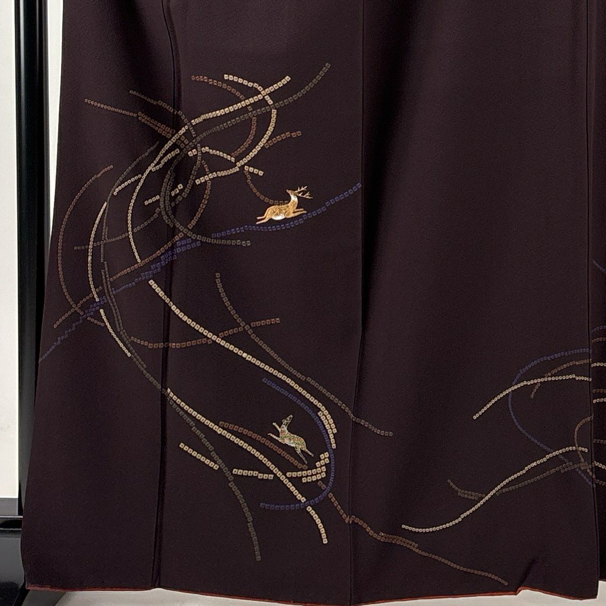付下 身長164.5cm 袖長64.5cm M 雙層 鹿 金金箔 金絲 刺繡 茶紫 純蠶絲 優品級
