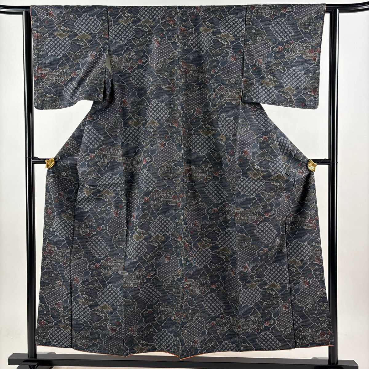 紬織 身長155cm 袖長62cm S 雙層 草花紋紋 建物 深藍 純蠶絲 秀品級