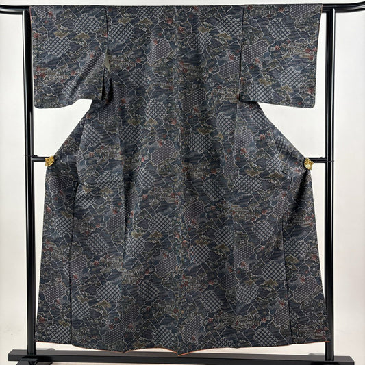 紬織 身長155cm 袖長62cm S 雙層 草花紋紋 建物 深藍 純蠶絲 秀品級
