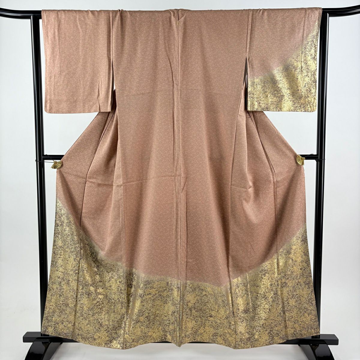 付下 身長159.5cm 袖長65cm M 雙層 草花紋紋 流水 金銀彩 漸層 淺茶 純蠶絲 優品級 一つ紋