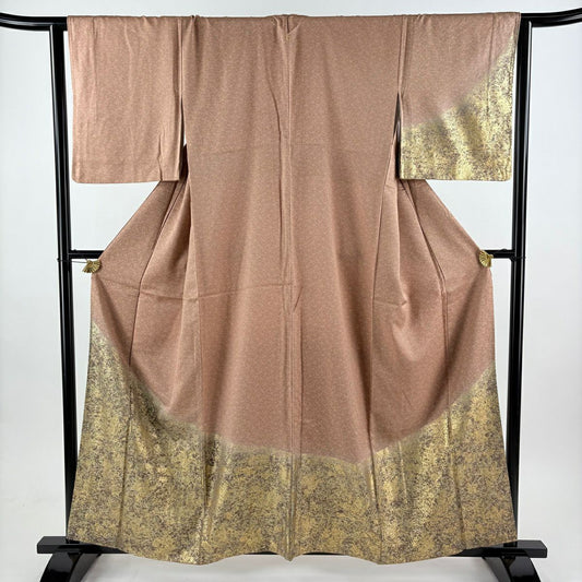 付下 身長159.5cm 袖長65cm M 雙層 草花紋紋 流水 金銀彩 漸層 淺茶 純蠶絲 優品級 一つ紋
