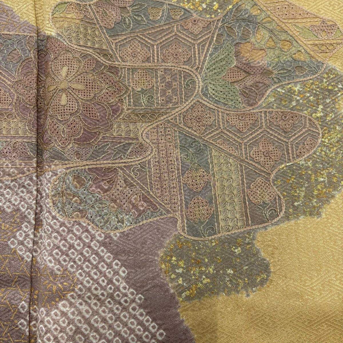 【美品】 付下 身長157cm 袖長65.5cm M 雙層 華紋 霞 刺繡 金銀彩 米色 純蠶絲 秀品級 一つ紋