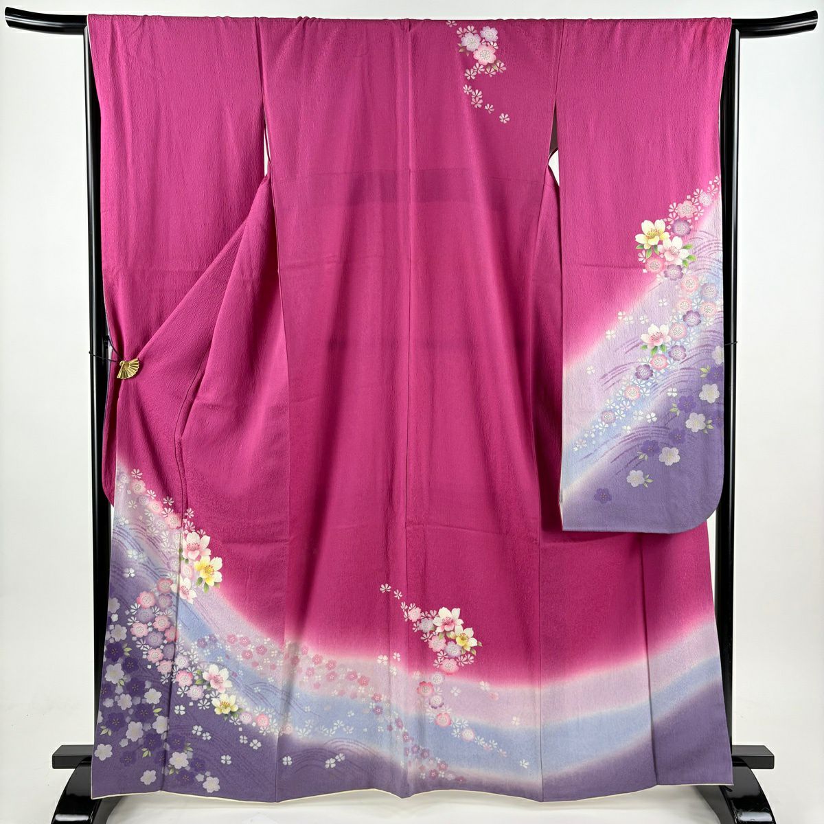 振袖禮服 身長165.5cm 袖長66cm M 雙層 草花紋紋 波 ぼかし 染分 濃粉紅 純蠶絲 秀品級