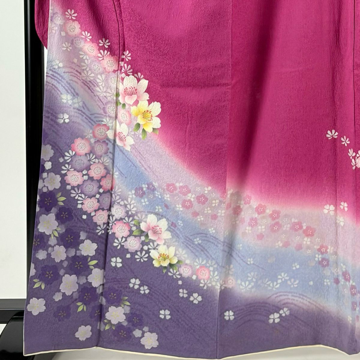 振袖禮服 身長165.5cm 袖長66cm M 雙層 草花紋紋 波 ぼかし 染分 濃粉紅 純蠶絲 秀品級