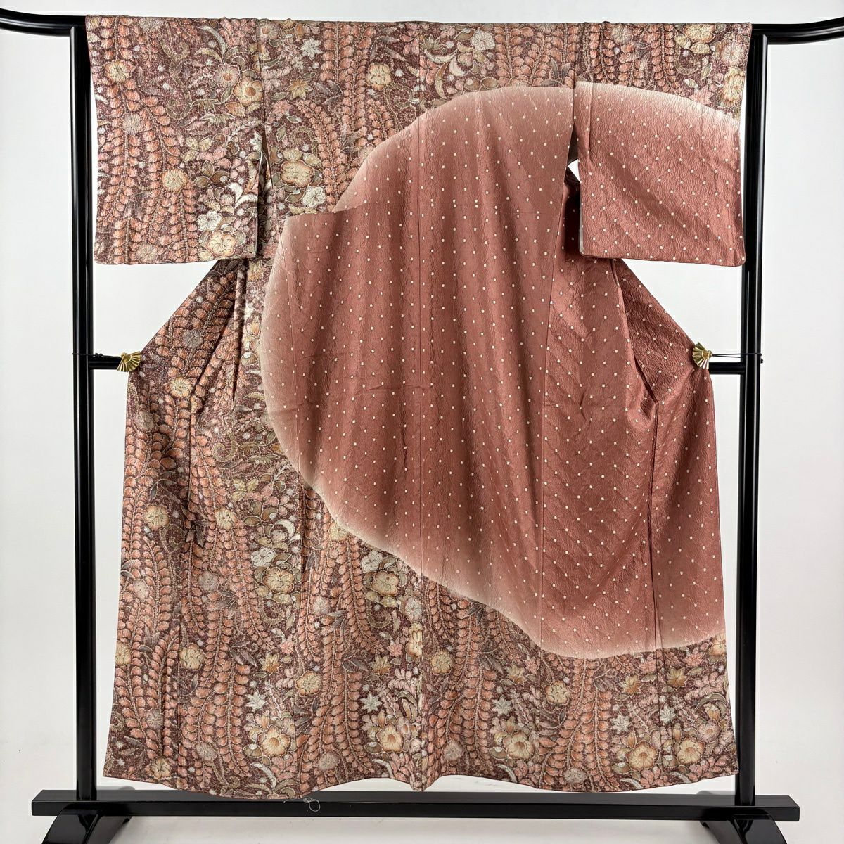 【美品】訪問服 身長154.5cm 袖長63.5cm S 雙層 辻花染 幾何圖案 染分 漸層 茶 純蠶絲 優品級
