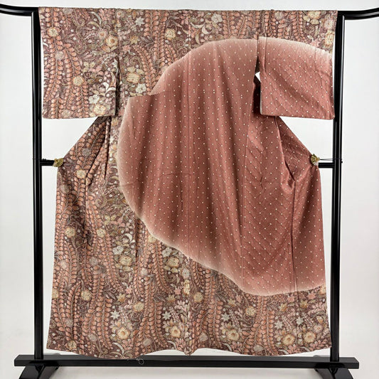 【美品】訪問服 身長154.5cm 袖長63.5cm S 雙層 辻花染 幾何圖案 染分 漸層 茶 純蠶絲 優品級