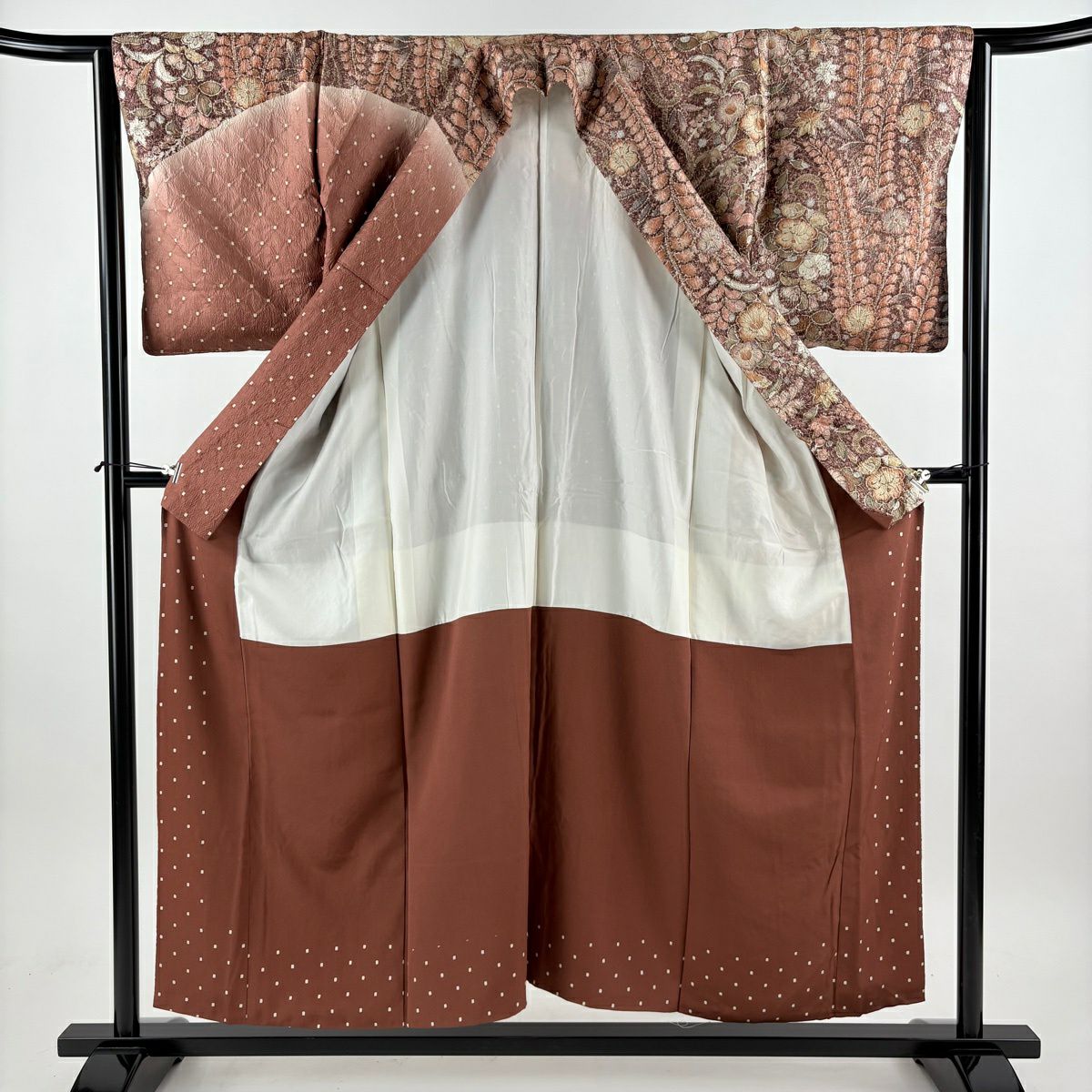 【美品】訪問服 身長154.5cm 袖長63.5cm S 雙層 辻花染 幾何圖案 染分 漸層 茶 純蠶絲 優品級