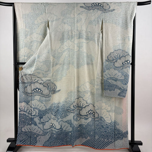 振袖禮服 身長164cm 袖長66.5cm M 雙層 笠松樹 菊花 總絞染 青灰 純蠶絲 秀品級