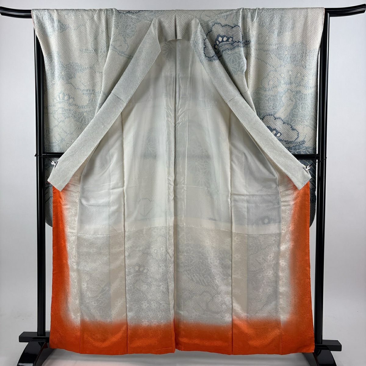 振袖禮服 身長164cm 袖長66.5cm M 雙層 笠松樹 菊花 總絞染 青灰 純蠶絲 秀品級