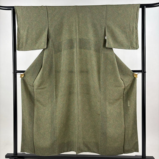 【美品】 小紋 身長154.5cm 袖長62.5cm S 雙層 落款あり 菊花唐草紋 よもぎ色 純蠶絲 秀品級
