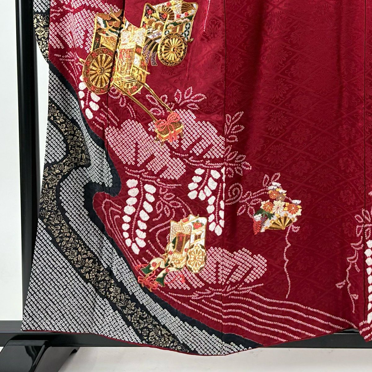 振袖禮服 身長157.5cm 袖長65.5cm M 雙層 御所車 草花紋紋 金彩裝飾 絞染 紅 純蠶絲 秀品級