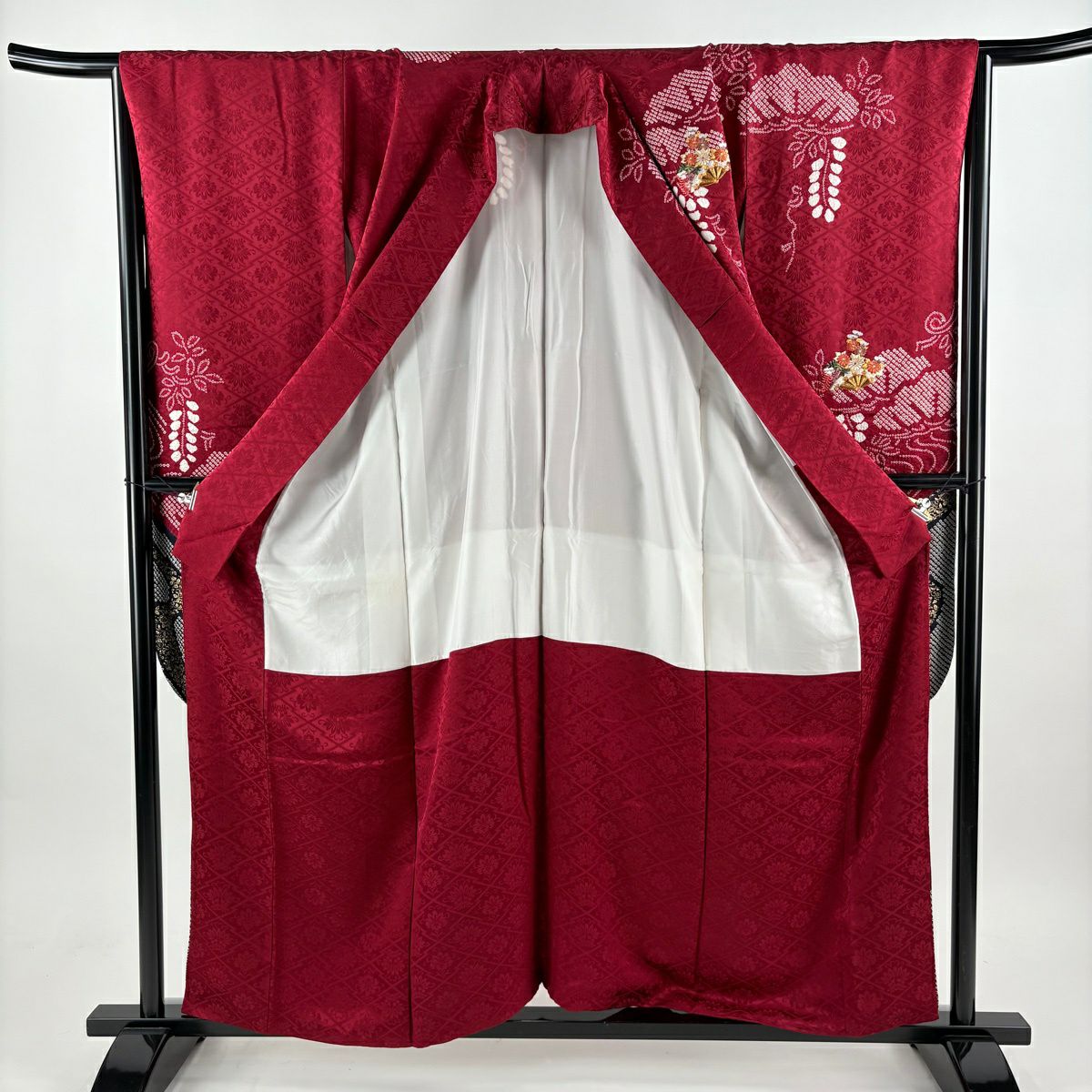 振袖禮服 身長157.5cm 袖長65.5cm M 雙層 御所車 草花紋紋 金彩裝飾 絞染 紅 純蠶絲 秀品級