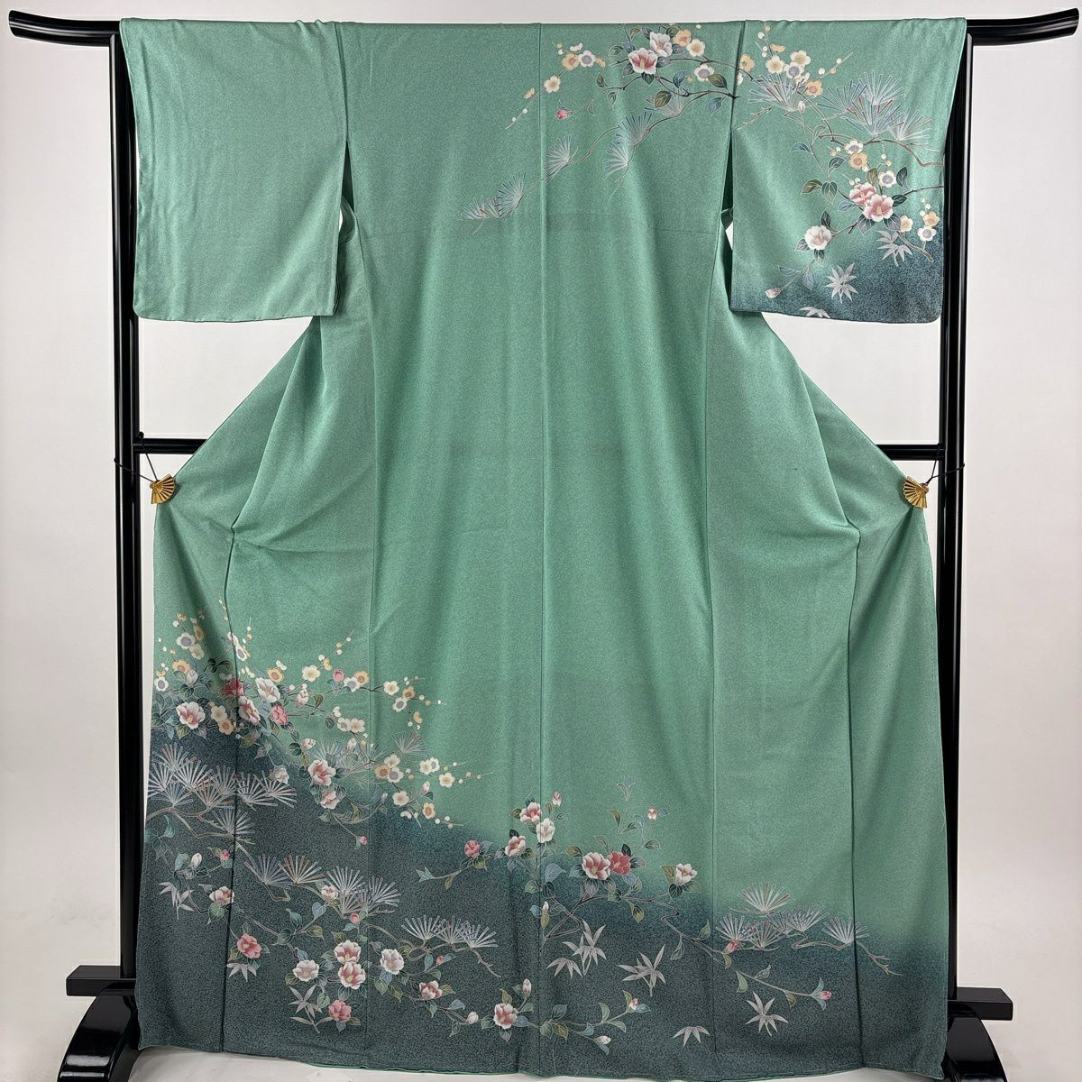 訪問服 身長170cm 袖長64.5cm M 雙層 椿 松樹竹子梅花 染分 淡綠 純蠶絲 優品級