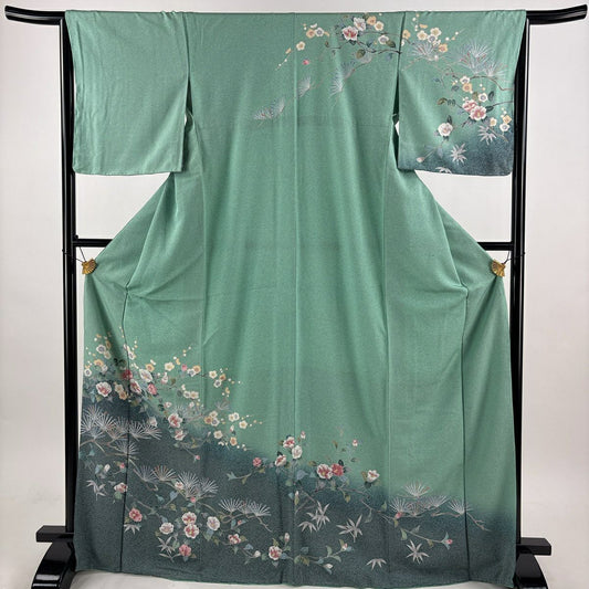 訪問服 身長170cm 袖長64.5cm M 雙層 椿 松樹竹子梅花 染分 淡綠 純蠶絲 優品級
