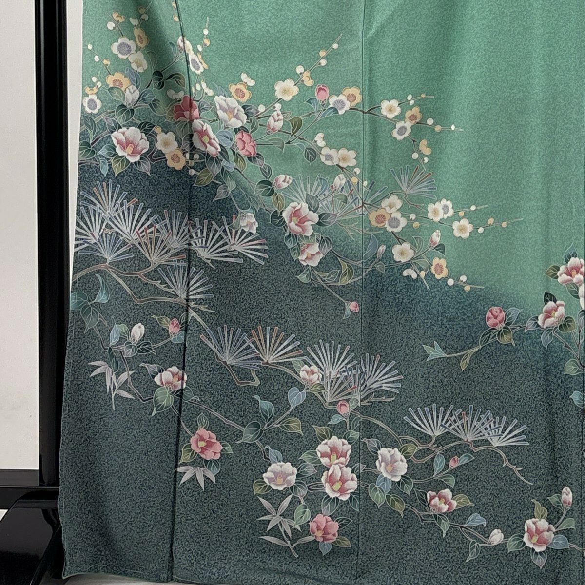 訪問服 身長170cm 袖長64.5cm M 雙層 椿 松樹竹子梅花 染分 淡綠 純蠶絲 優品級