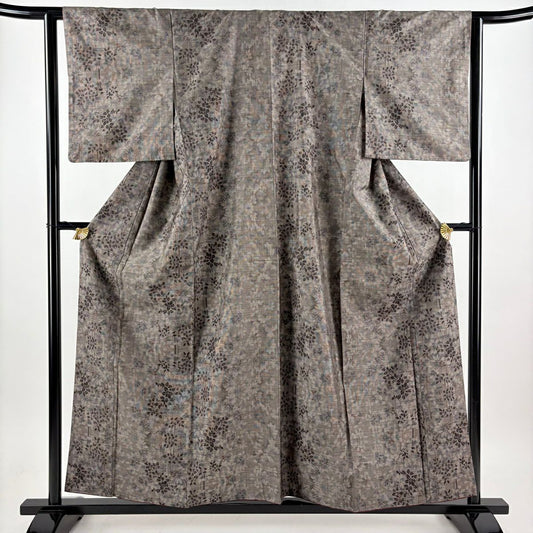 【美品】 紬織 身長157.5cm 袖長62cm S 雙層 草花紋 葉柄 焦茶 純蠶絲 秀品級