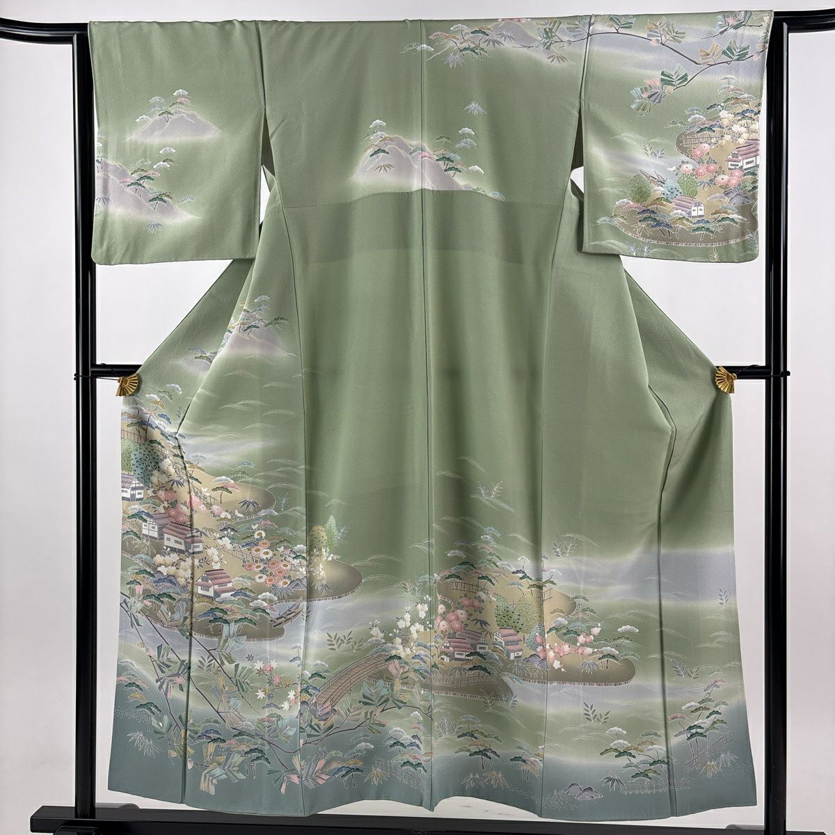【美品】訪問服 身長153cm 袖長63cm S 雙層 家屋 松樹竹子梅花 染分 逐漸變色 灰綠 純蠶絲 優品級