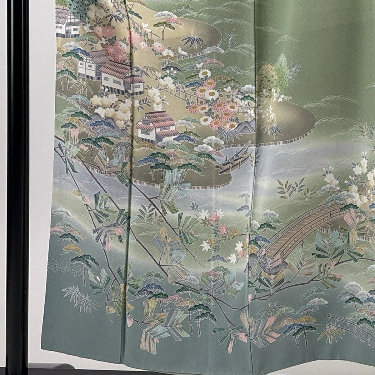 【美品】訪問服 身長153cm 袖長63cm S 雙層 家屋 松樹竹子梅花 染分 逐漸變色 灰綠 純蠶絲 優品級
