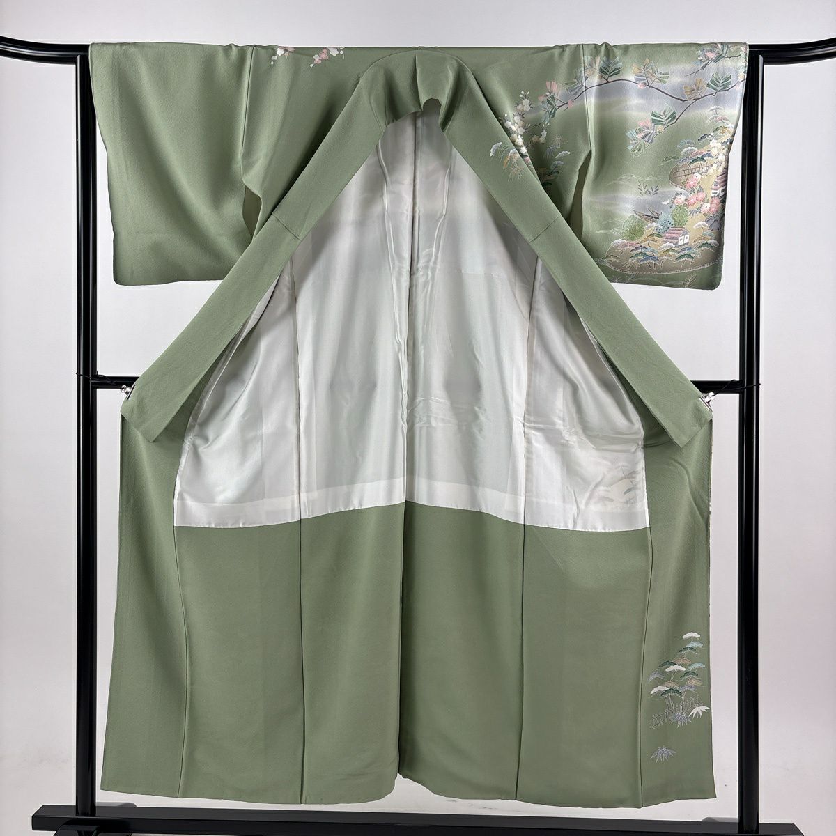 【美品】訪問服 身長153cm 袖長63cm S 雙層 家屋 松樹竹子梅花 染分 逐漸變色 灰綠 純蠶絲 優品級