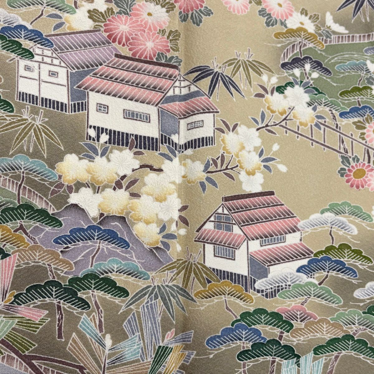 【美品】訪問服 身長153cm 袖長63cm S 雙層 家屋 松樹竹子梅花 染分 逐漸變色 灰綠 純蠶絲 優品級
