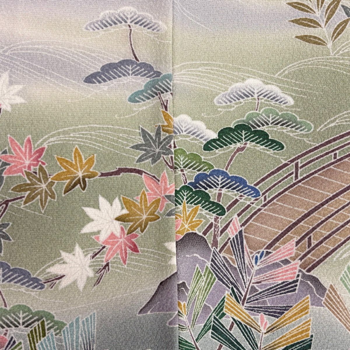 【美品】訪問服 身長153cm 袖長63cm S 雙層 家屋 松樹竹子梅花 染分 逐漸變色 灰綠 純蠶絲 優品級