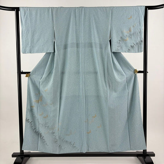 付下 身長155cm 袖長63cm S 雙層 蝶 雫 金銀彩 漸層 青灰 純蠶絲 優品級