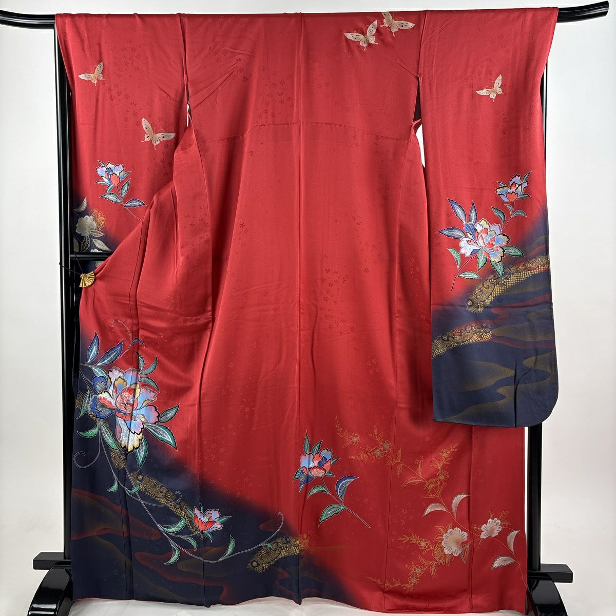 振袖禮服 身長168cm 袖長67.5cm L 雙層 草花紋紋 流水 金銀彩 紅 純蠶絲 秀品級
