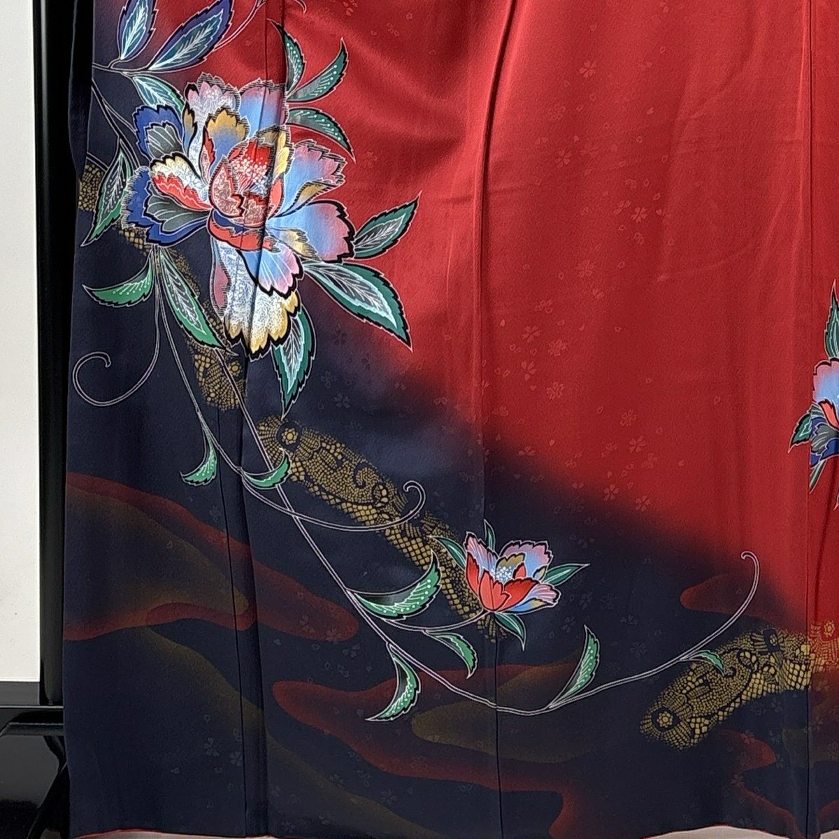 振袖禮服 身長168cm 袖長67.5cm L 雙層 草花紋紋 流水 金銀彩 紅 純蠶絲 秀品級