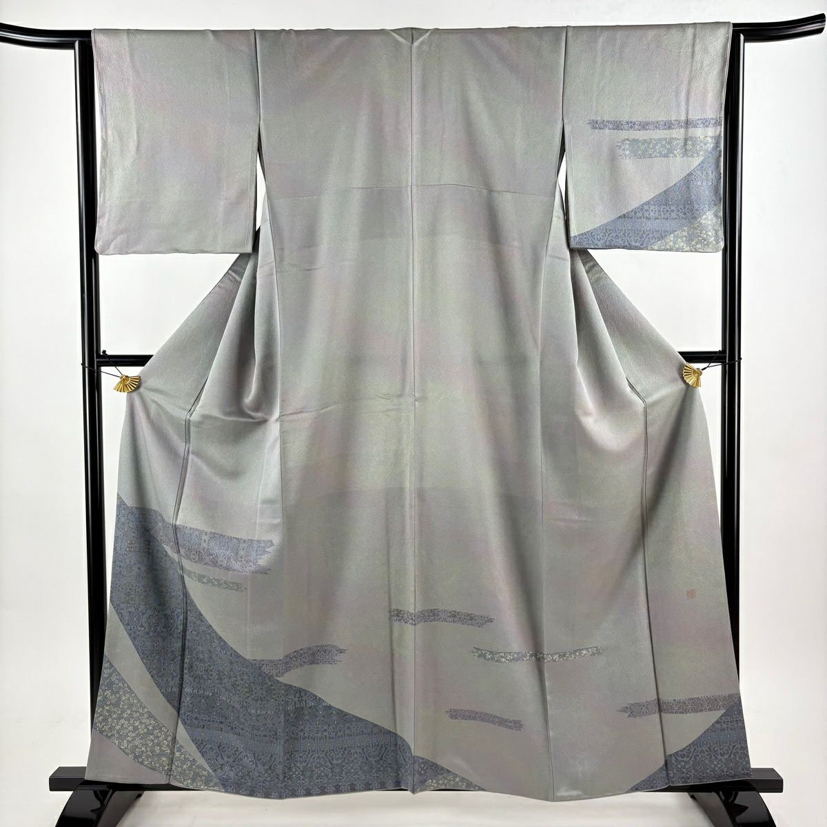 訪問服 身長159.5cm 袖長63cm S 雙層 落款 華紋 霞 金銀彩 漸層 灰綠 純蠶絲 優品級