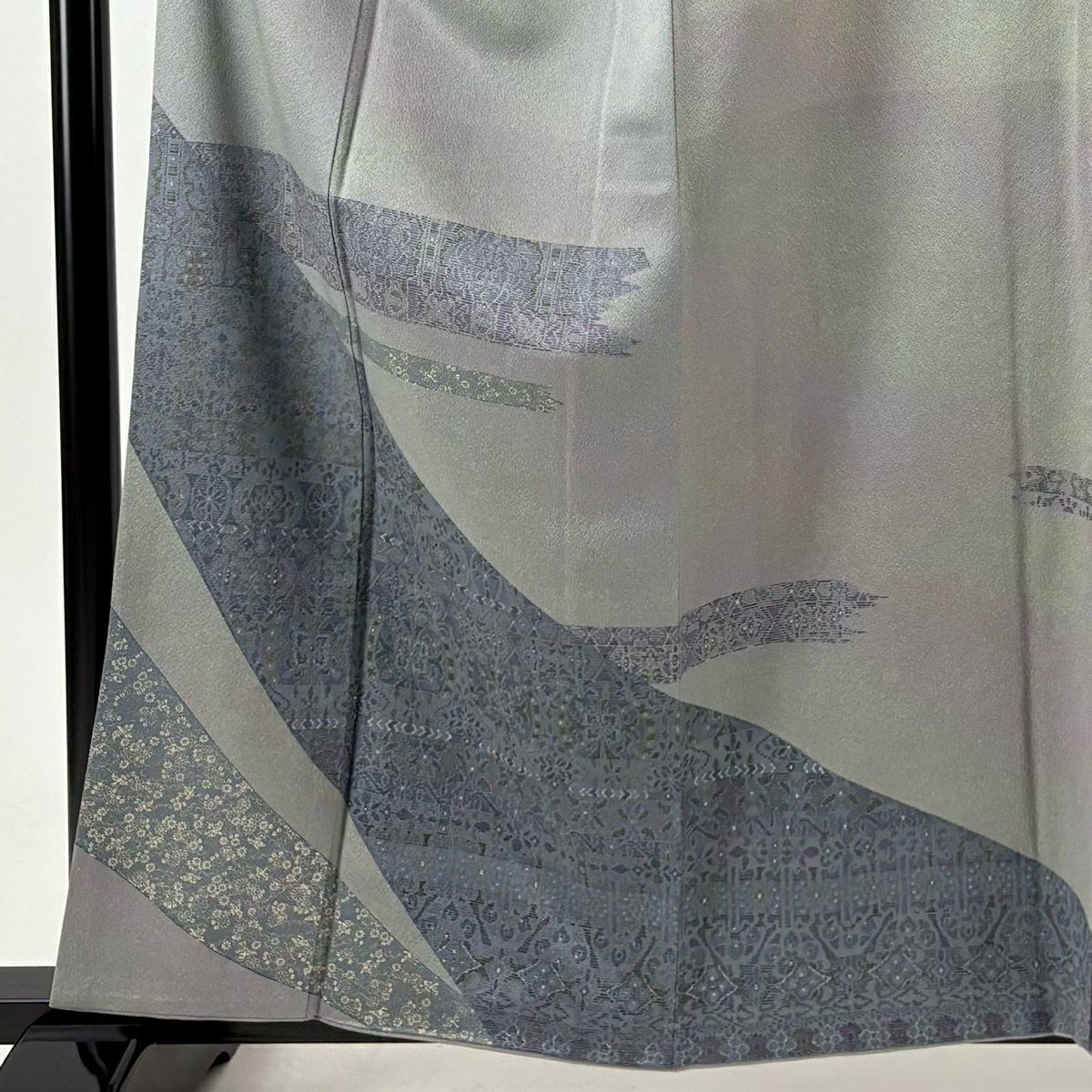 訪問服 身長159.5cm 袖長63cm S 雙層 落款 華紋 霞 金銀彩 漸層 灰綠 純蠶絲 優品級