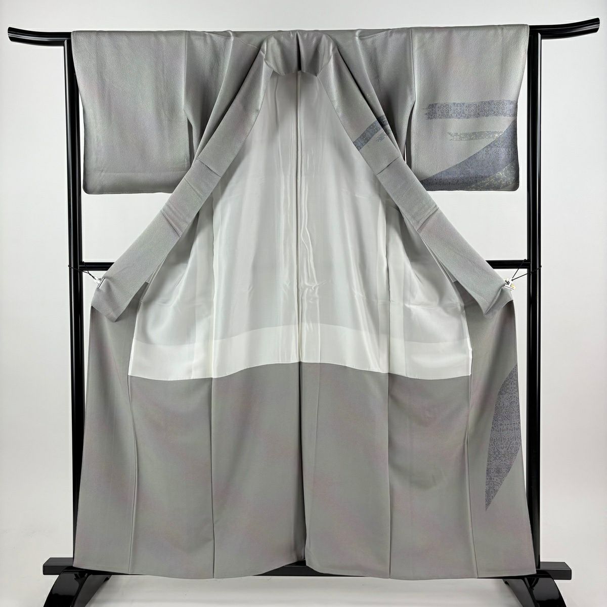 訪問服 身長159.5cm 袖長63cm S 雙層 落款 華紋 霞 金銀彩 漸層 灰綠 純蠶絲 優品級