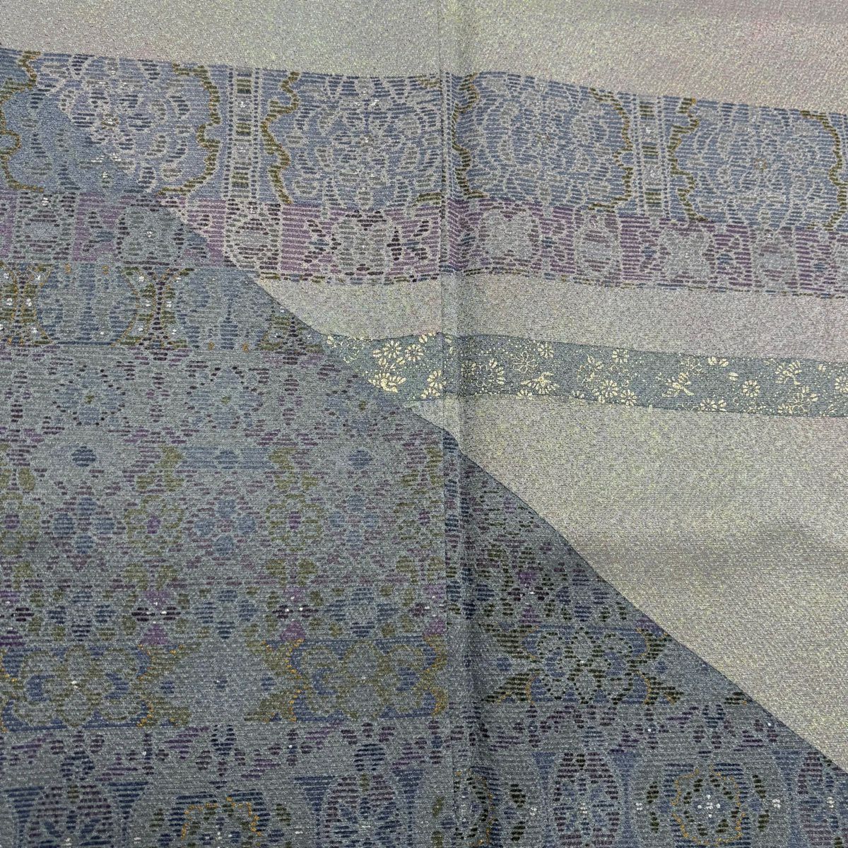 訪問服 身長159.5cm 袖長63cm S 雙層 落款 華紋 霞 金銀彩 漸層 灰綠 純蠶絲 優品級