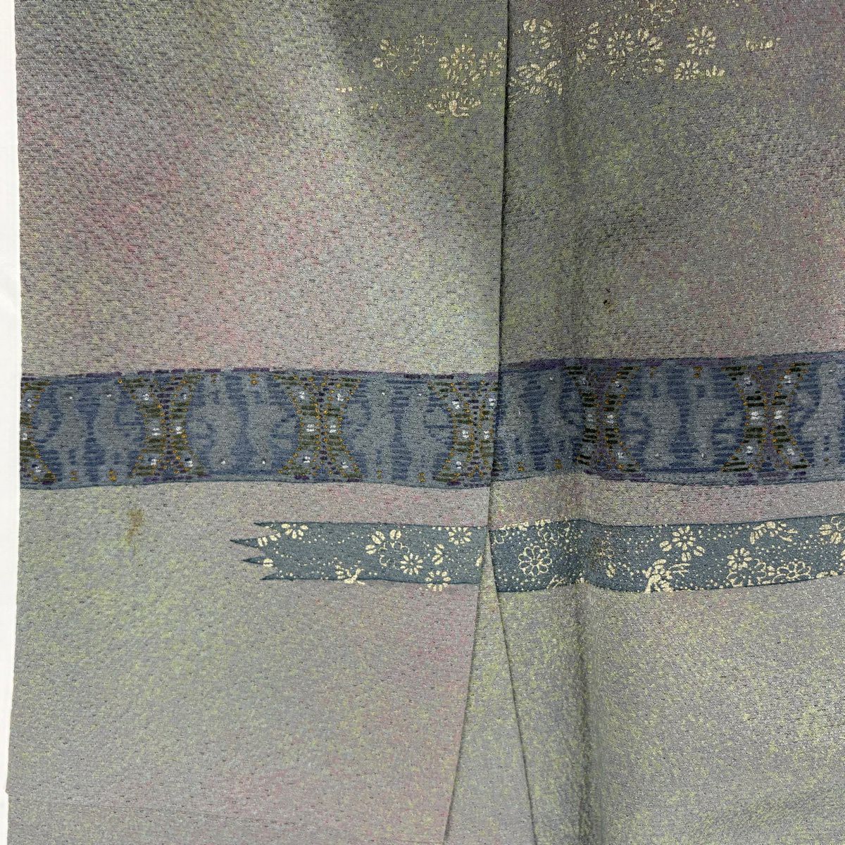 訪問服 身長159.5cm 袖長63cm S 雙層 落款 華紋 霞 金銀彩 漸層 灰綠 純蠶絲 優品級