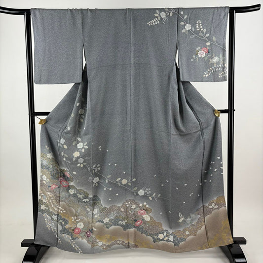 【美品】訪問服 身長162.5cm 袖長64.5cm M 雙層 椿 櫻花 金銀彩 漸層 灰色 純蠶絲 秀品級