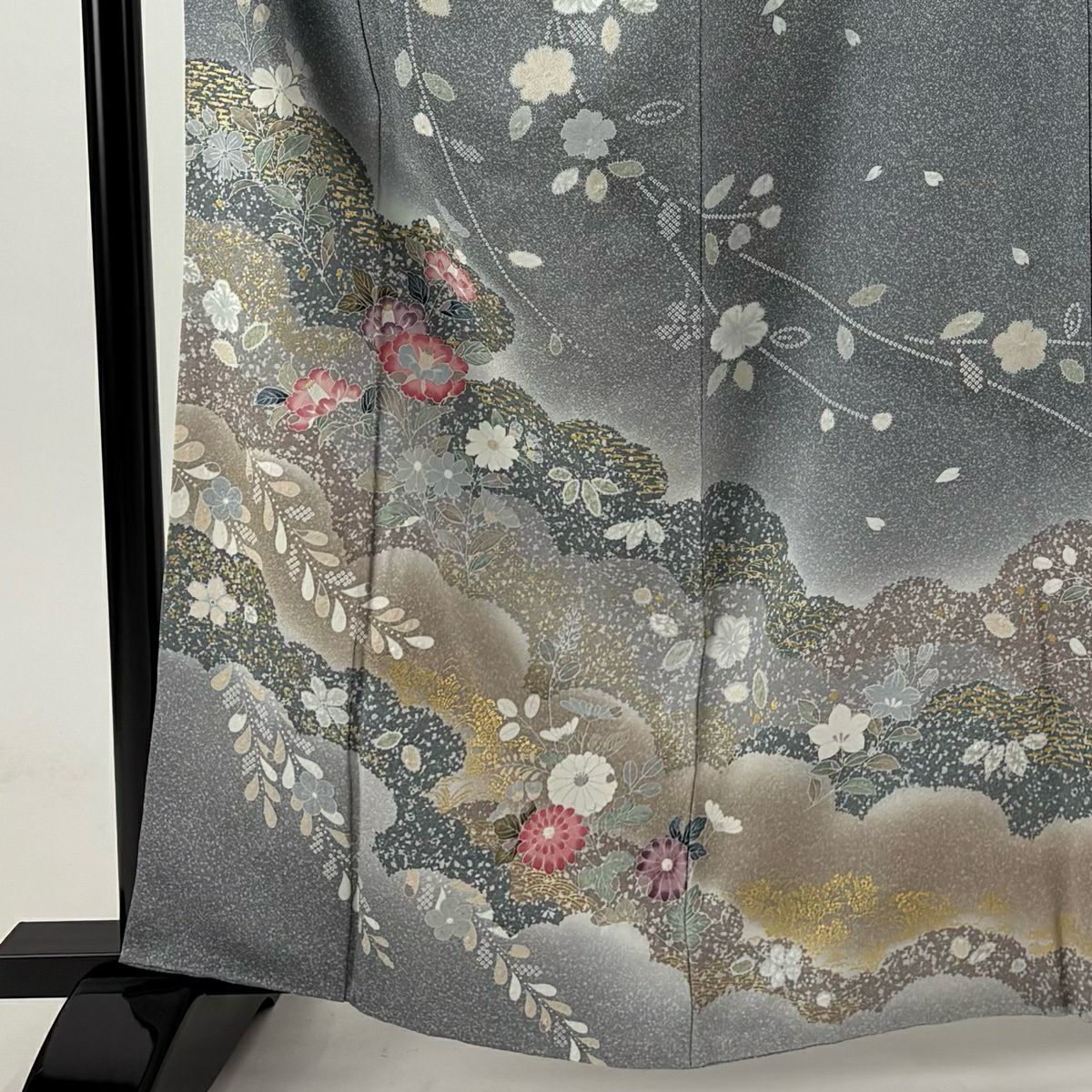 【美品】訪問服 身長162.5cm 袖長64.5cm M 雙層 椿 櫻花 金銀彩 漸層 灰色 純蠶絲 秀品級
