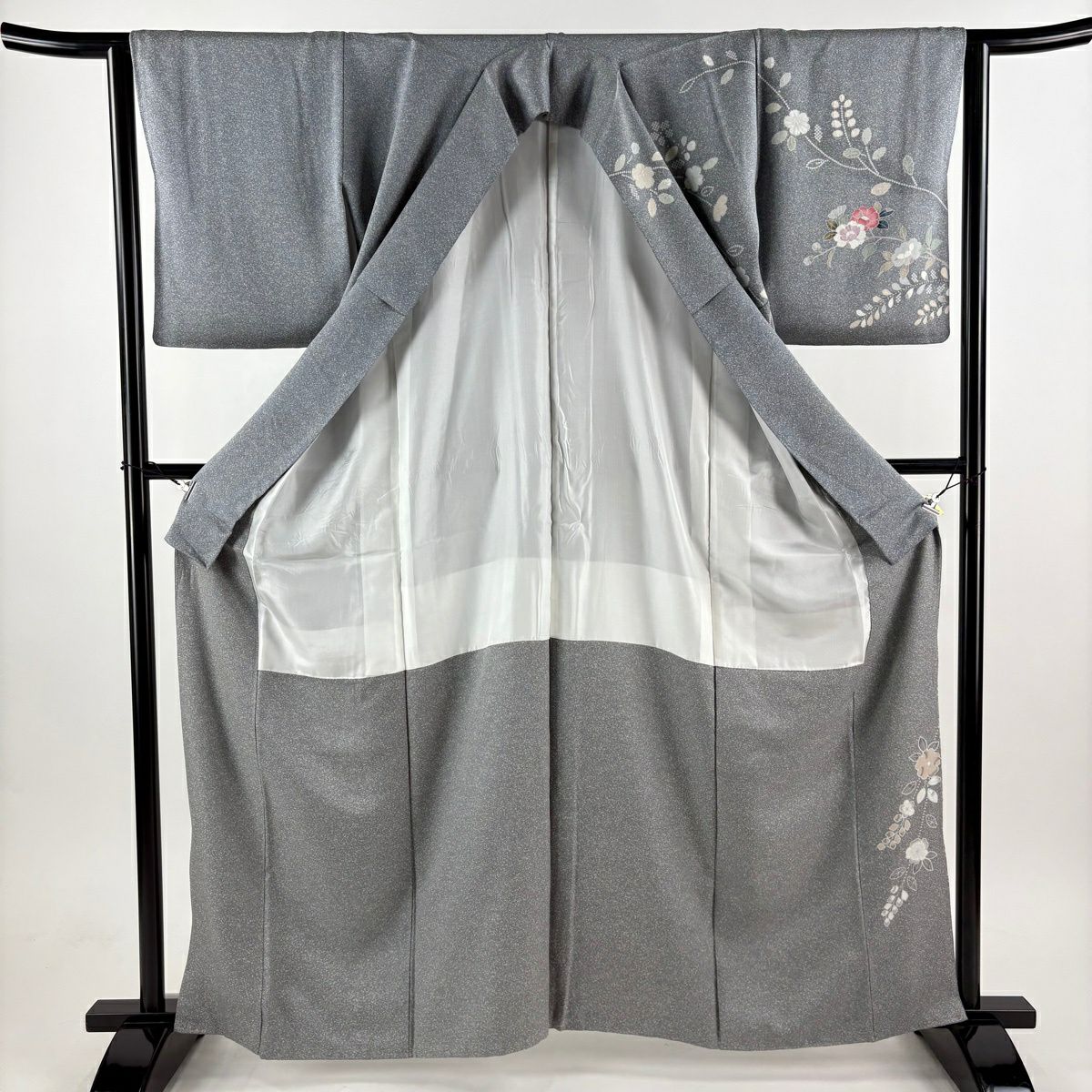 【美品】訪問服 身長162.5cm 袖長64.5cm M 雙層 椿 櫻花 金銀彩 漸層 灰色 純蠶絲 秀品級