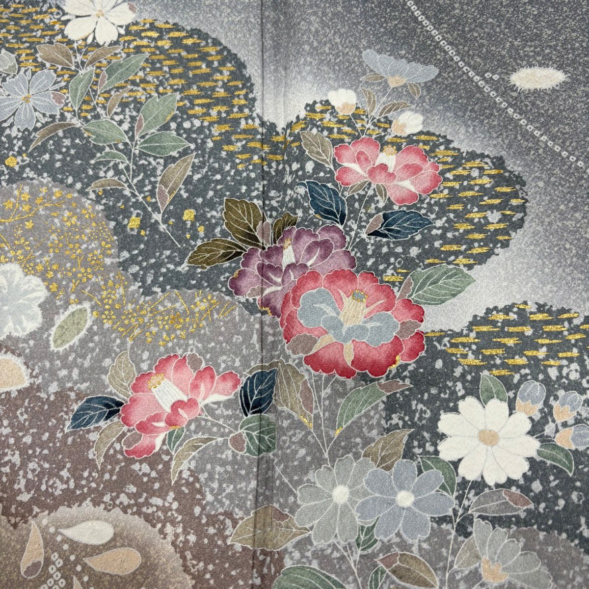 【美品】訪問服 身長162.5cm 袖長64.5cm M 雙層 椿 櫻花 金銀彩 漸層 灰色 純蠶絲 秀品級