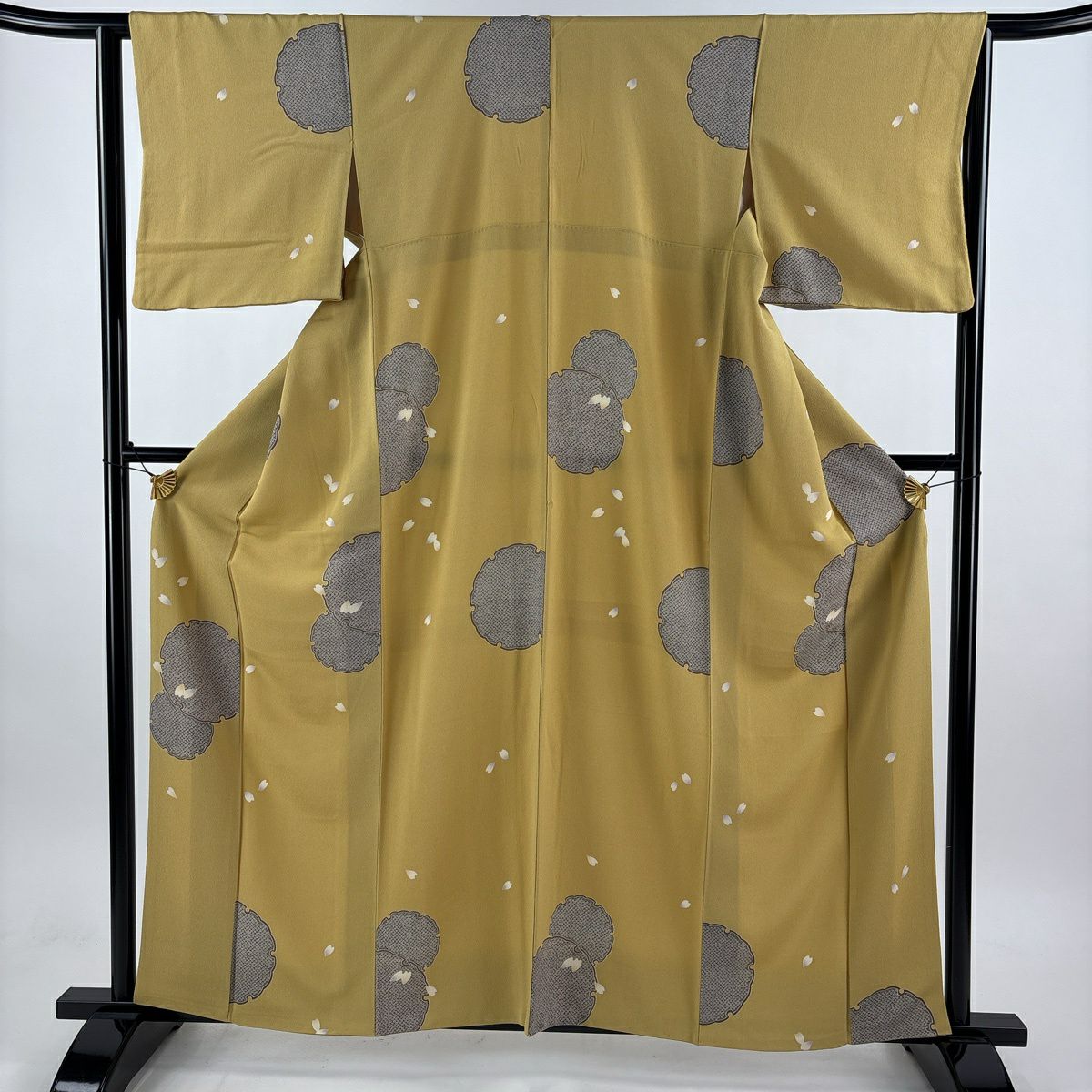 【美品】 小紋 身長161.5cm 袖長63cm S 雙層 雪輪 花瓣 絞織 芥末色 純蠶絲 秀品級
