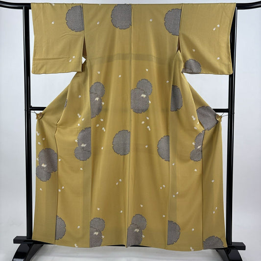 【美品】 小紋 身長161.5cm 袖長63cm S 雙層 雪輪 花瓣 絞織 芥末色 純蠶絲 秀品級