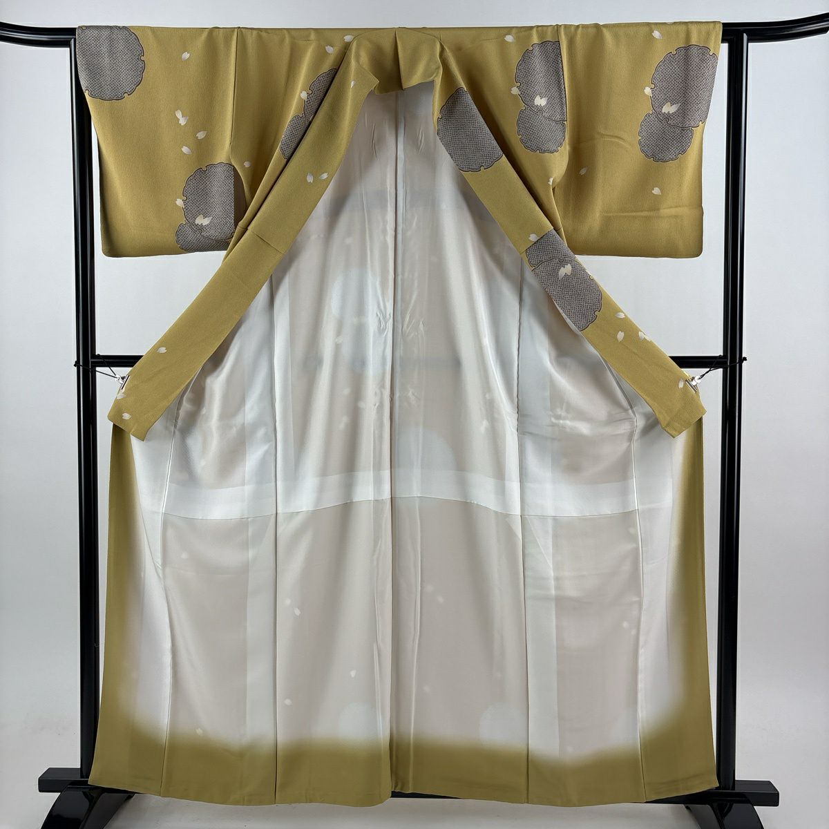 【美品】 小紋 身長161.5cm 袖長63cm S 雙層 雪輪 花瓣 絞織 芥末色 純蠶絲 秀品級