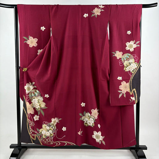 振袖禮服 身長157cm 袖長65.5cm M 雙層 手鞠 櫻花 金金箔 金銀彩 紅紫 純蠶絲 秀品級