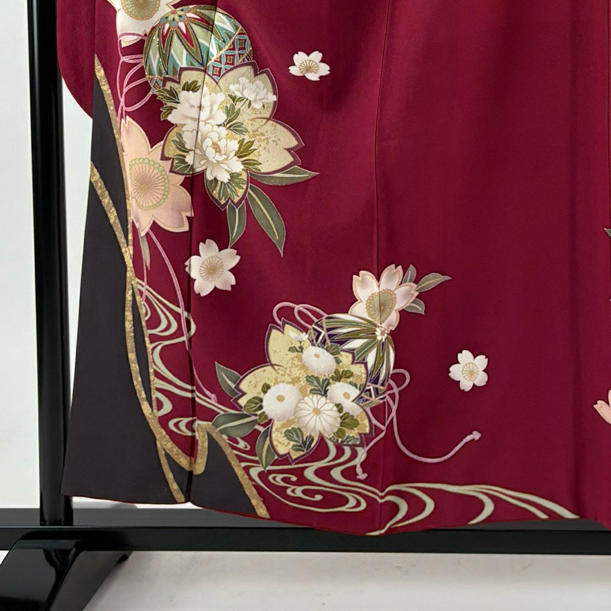 振袖禮服 身長157cm 袖長65.5cm M 雙層 手鞠 櫻花 金金箔 金銀彩 紅紫 純蠶絲 秀品級
