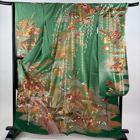 振袖禮服 身長165cm 袖長68.5cm L 雙層 花扇子 波 金絲 金銀彩 綠 純蠶絲 秀品級