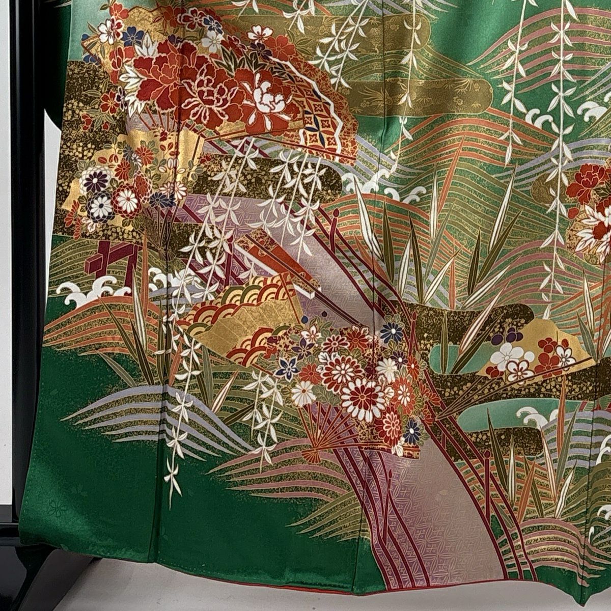 振袖禮服 身長165cm 袖長68.5cm L 雙層 花扇子 波 金絲 金銀彩 綠 純蠶絲 秀品級
