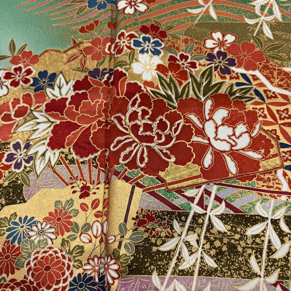 振袖禮服 身長165cm 袖長68.5cm L 雙層 花扇子 波 金絲 金銀彩 綠 純蠶絲 秀品級